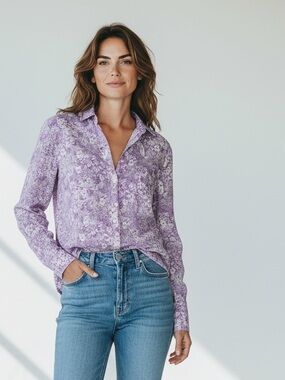 Frank & Eileen Eileen Purple Floral Linen Button Down Shirt Small Italian Fabric